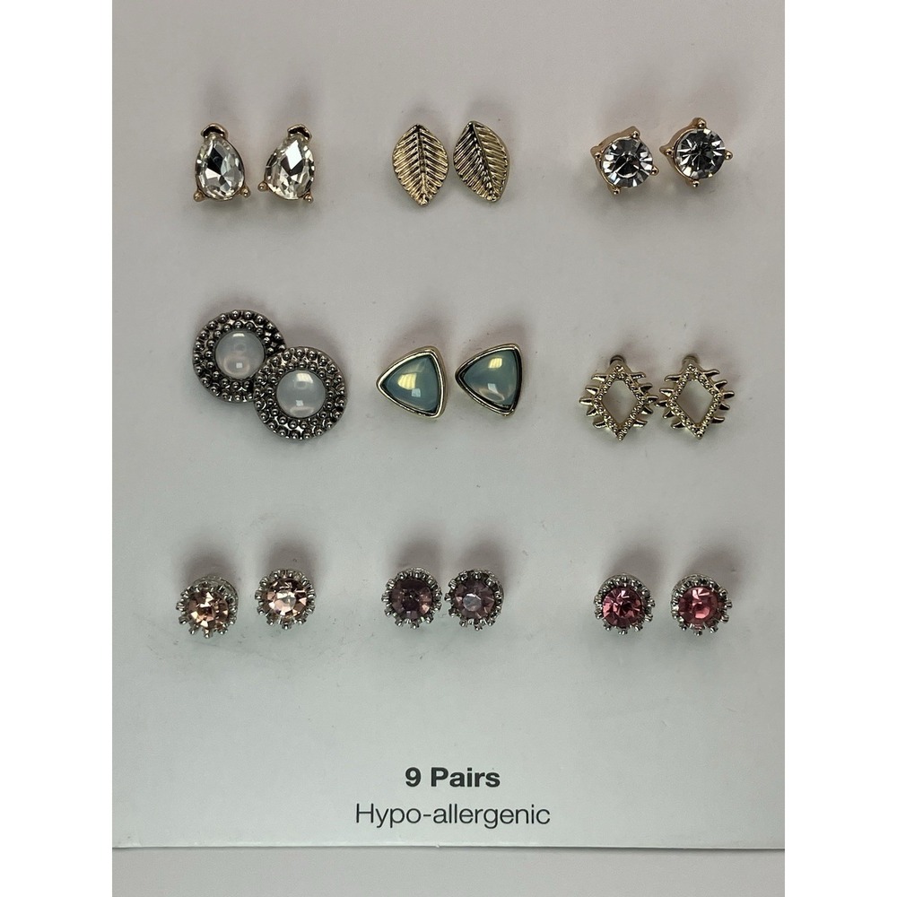 Earrings Lot Nine Pairs Pierced Stud Rhinestones New Mixed Gold/Silver Tone